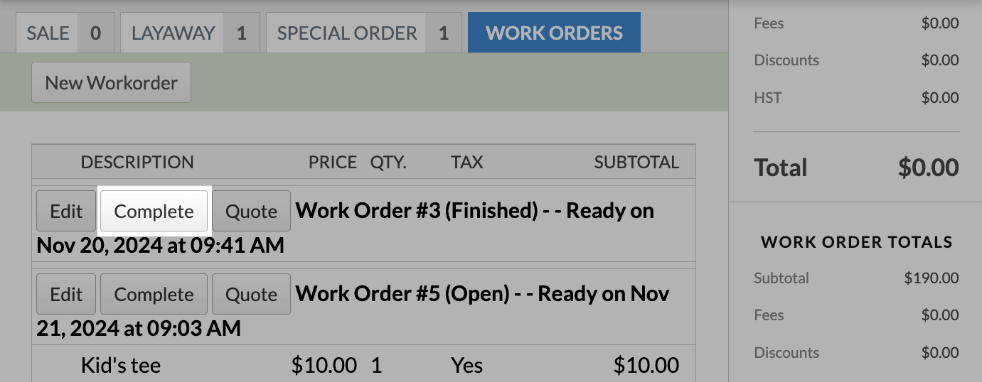The Complete button beside a work order.