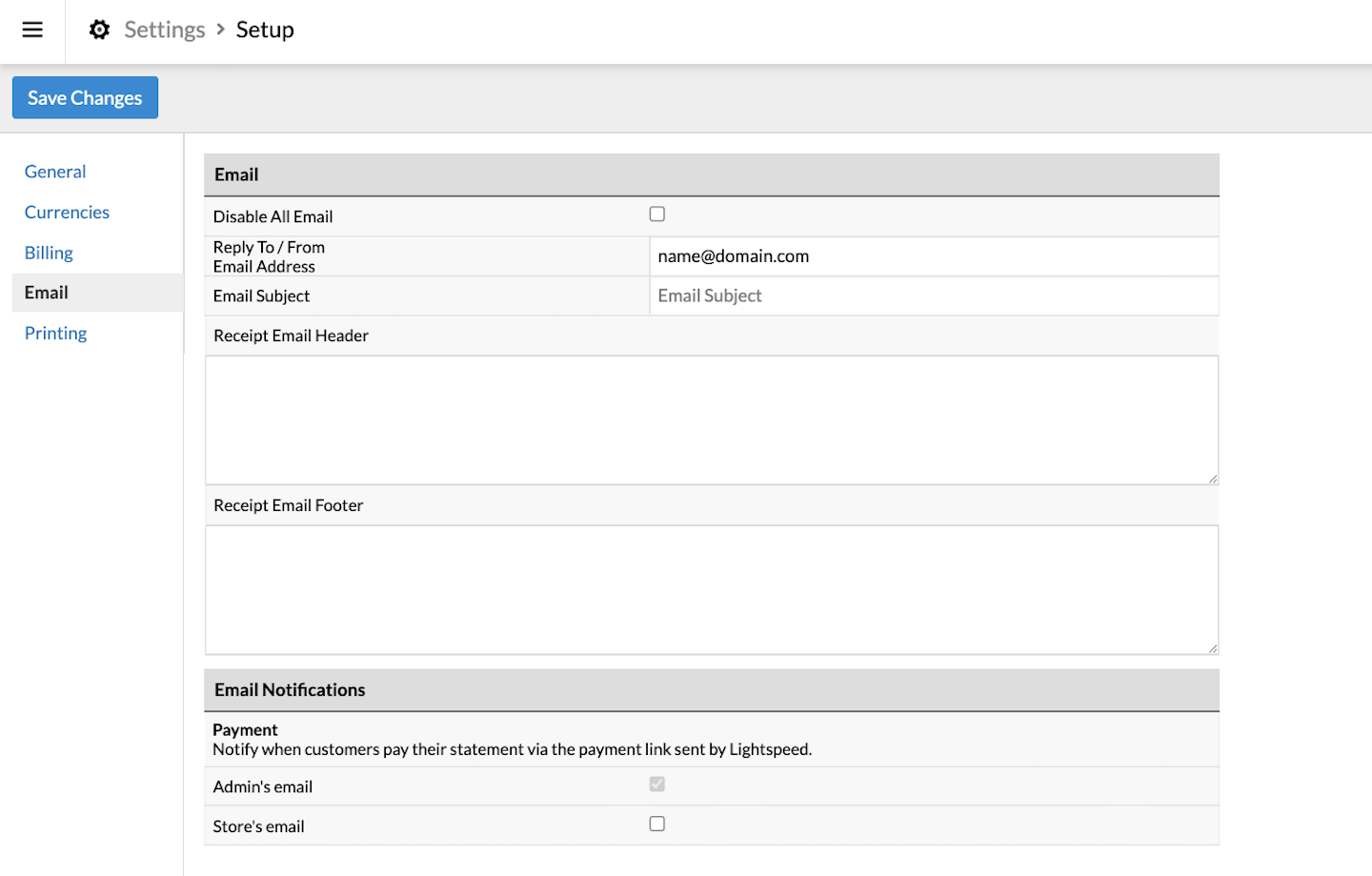 Email settings page with list of settings and Save Changes button.