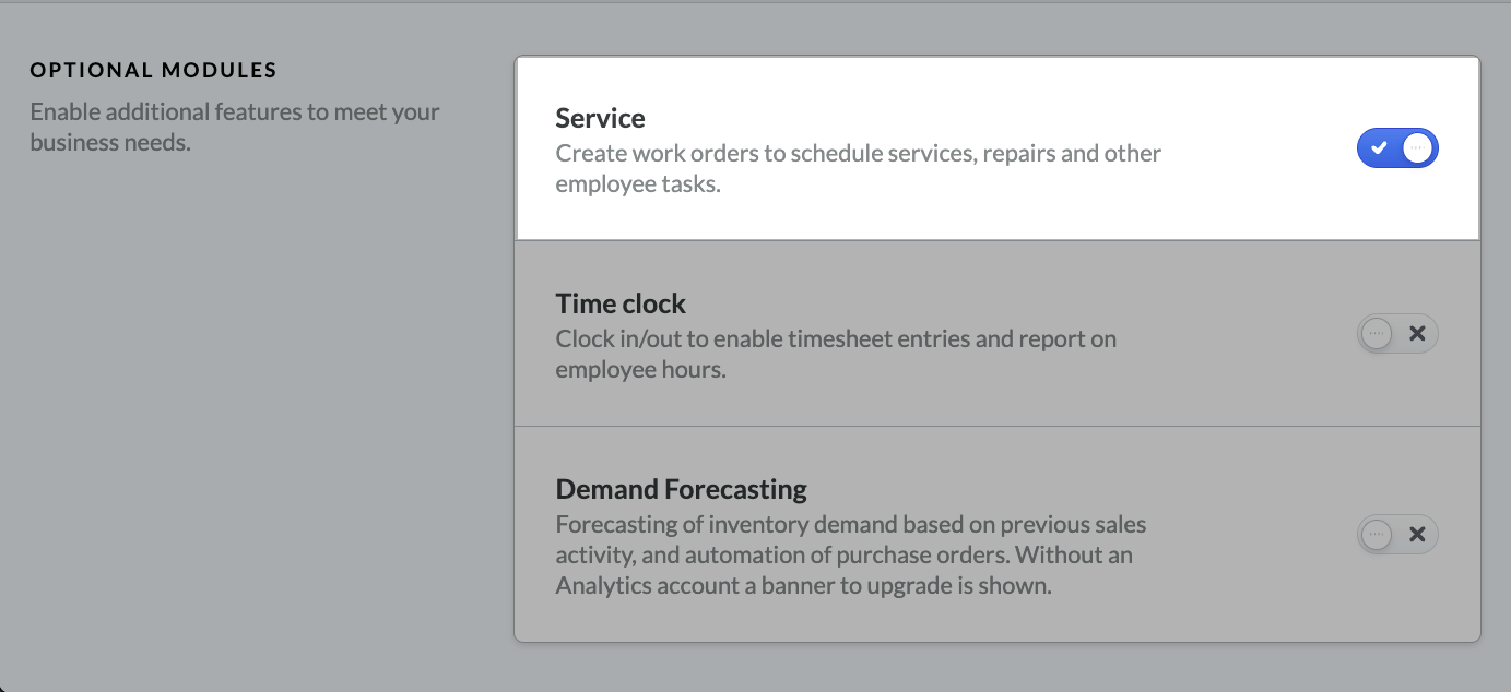 The Service module toggled on.