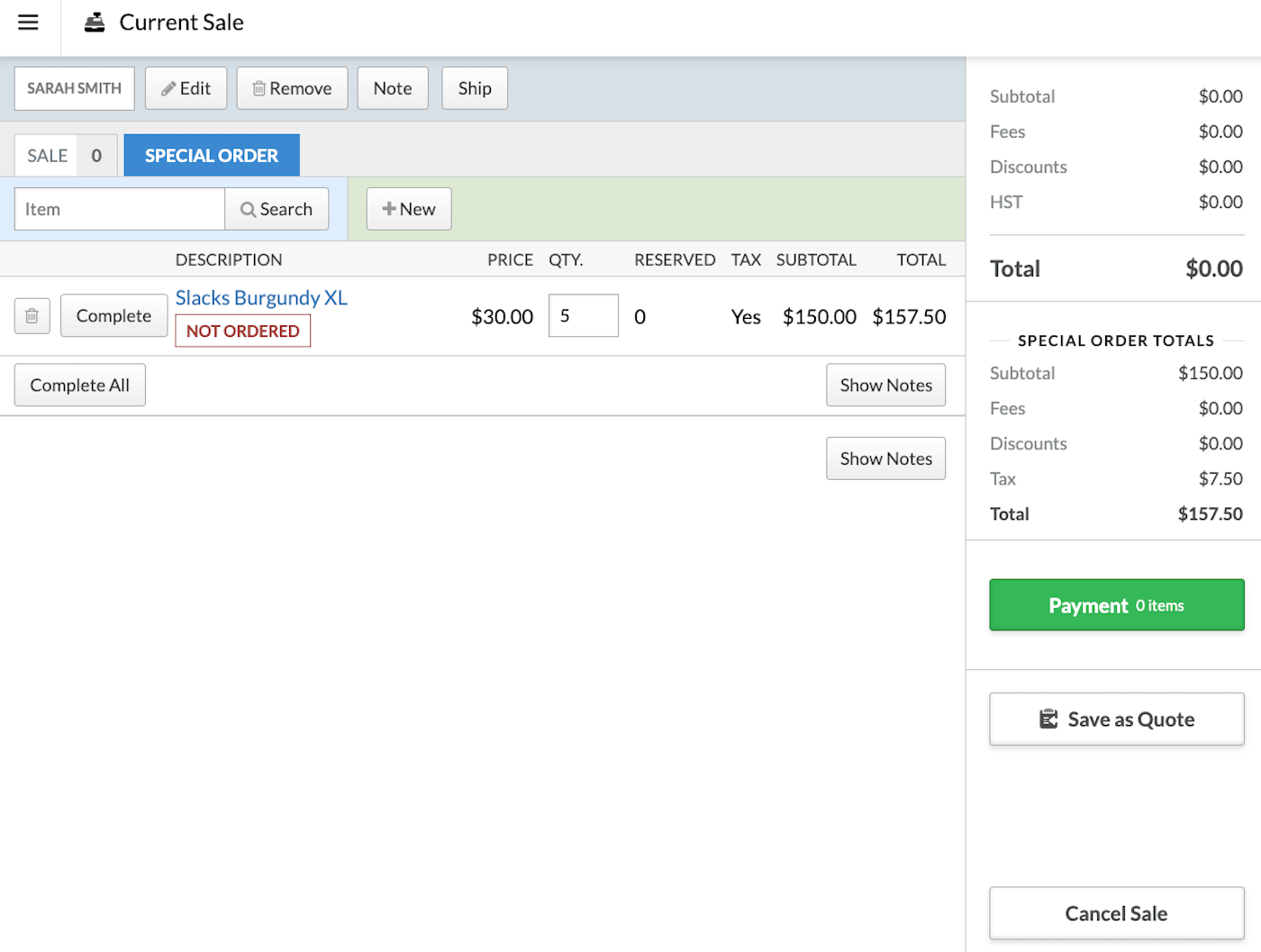 Special
    order tab with customer attached and items added for special order.