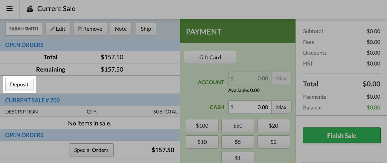 Special
        order with deposit button highlighted.