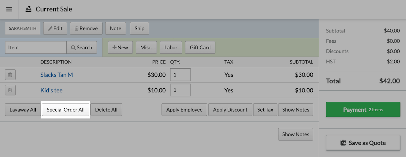 Special
    order all button highlighted.
