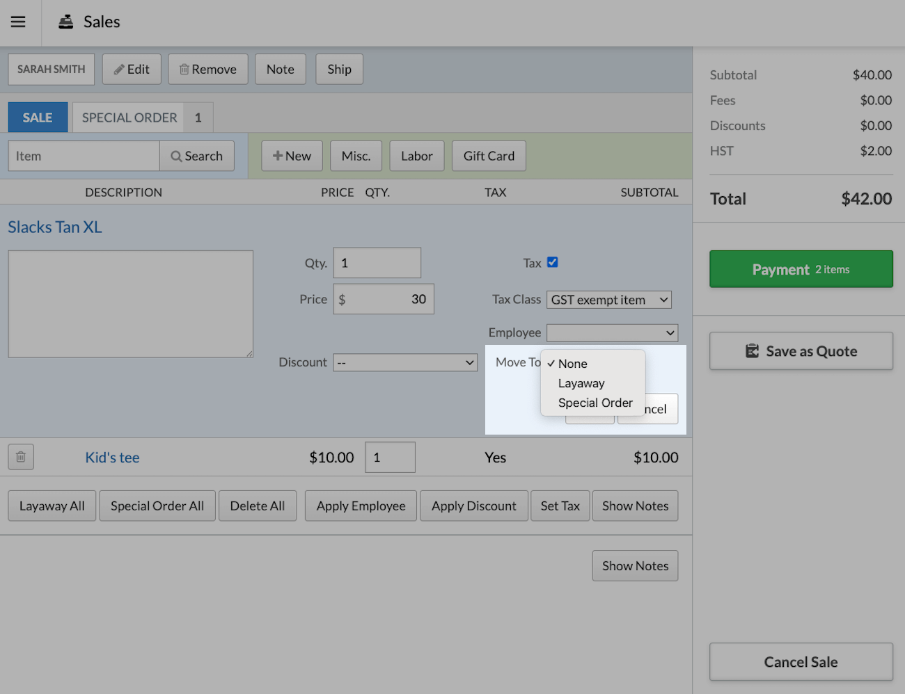 Move
        to dropdown showing special order option.