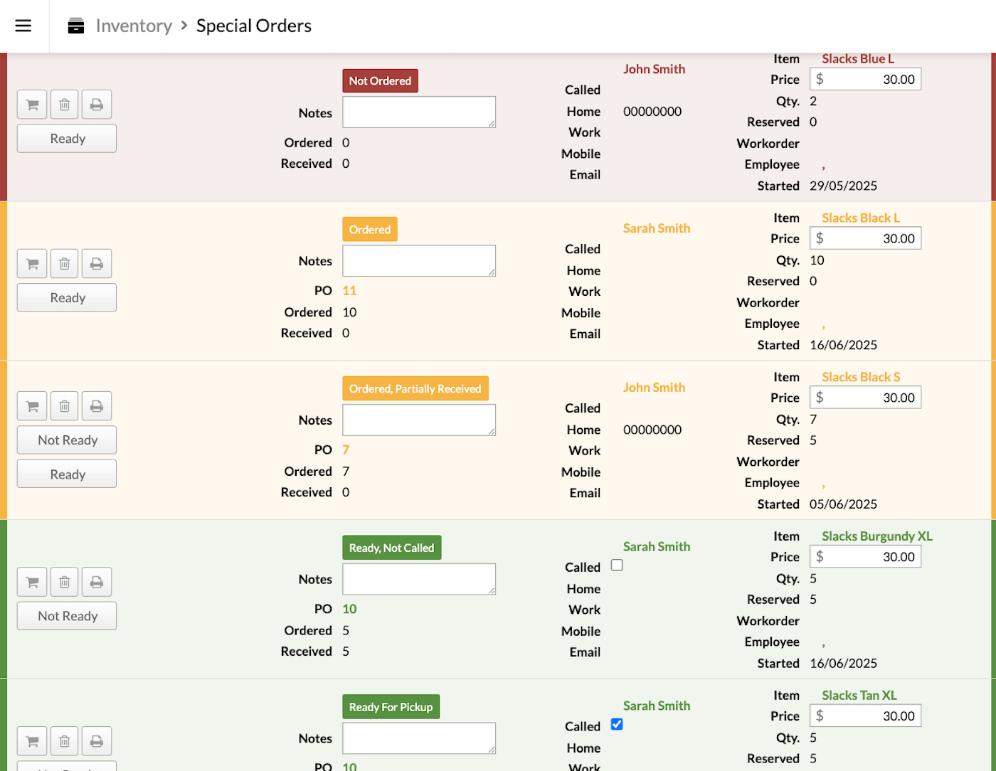 Special
  orders showing order status.