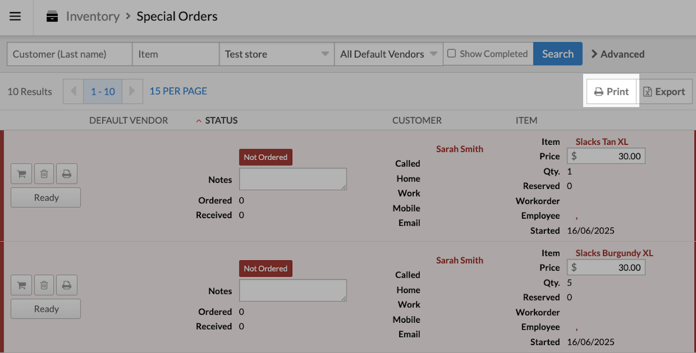 Special
  orders page with print button highlighted.