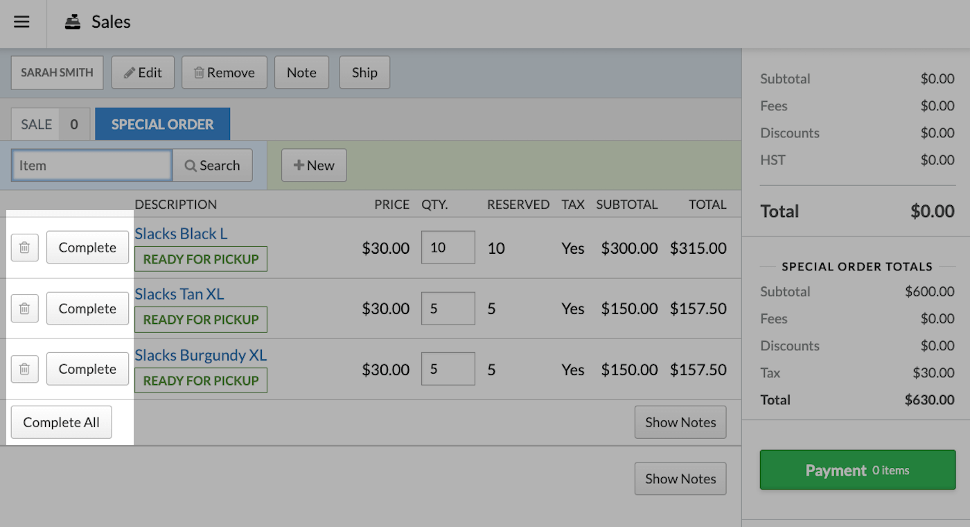 Special
    orders on the register with Complete and Complete All buttons highlighted.