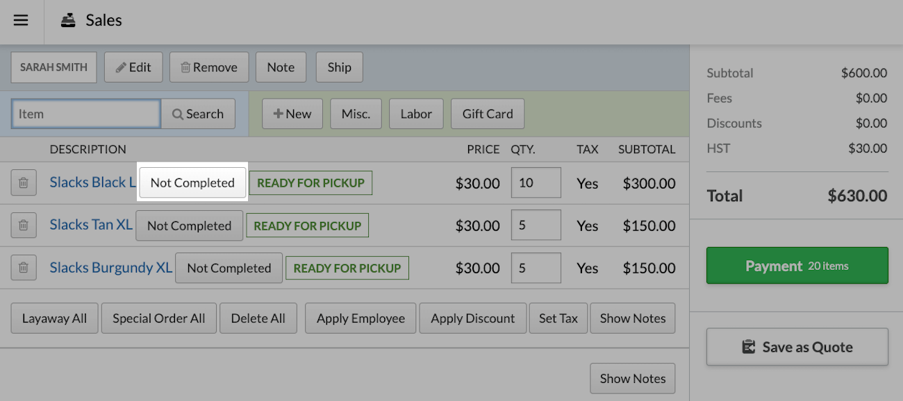 Special
    order on the register with Not Completed button highlighted.
