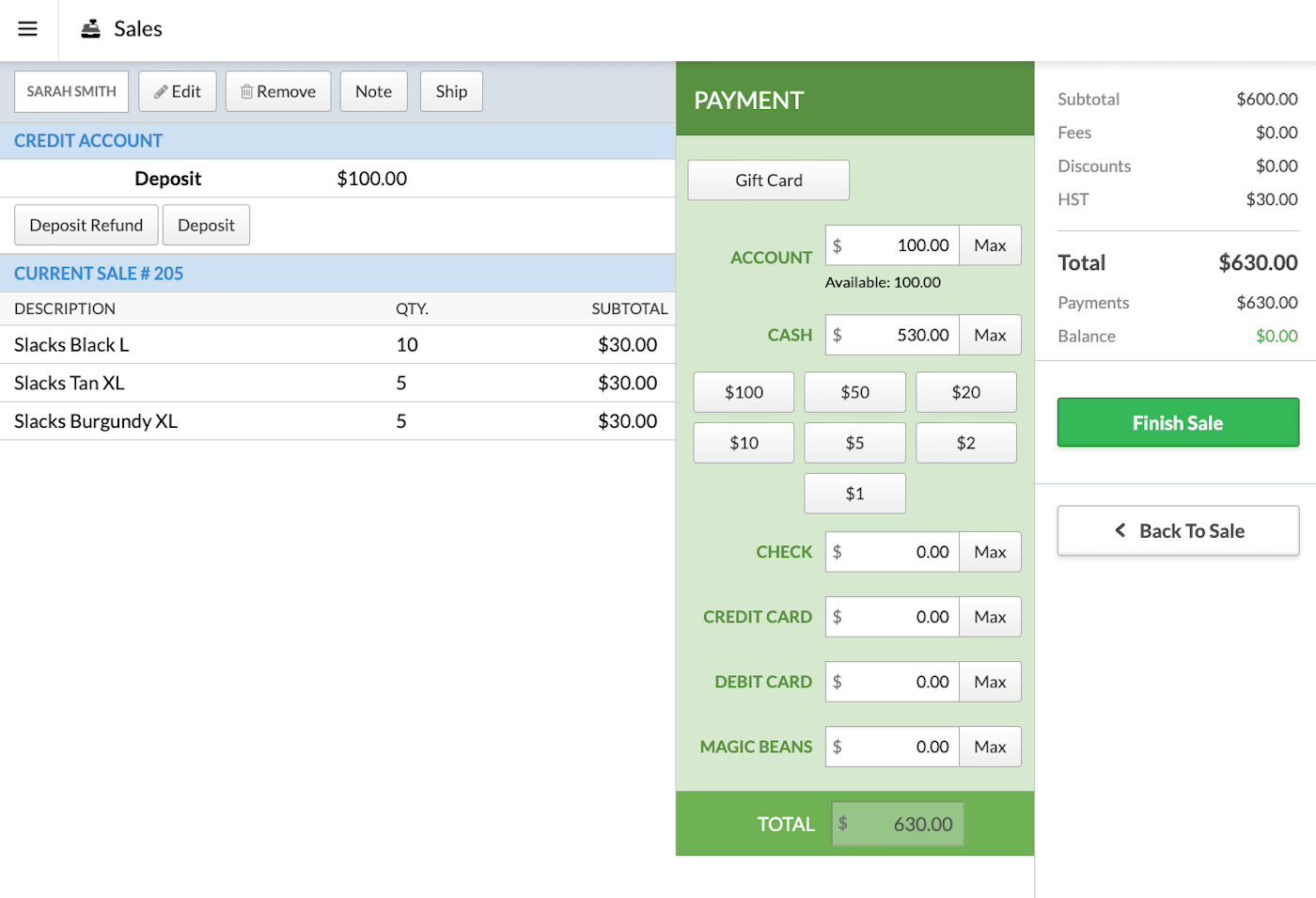 Payment
    page with deposit amount applied to the sale.