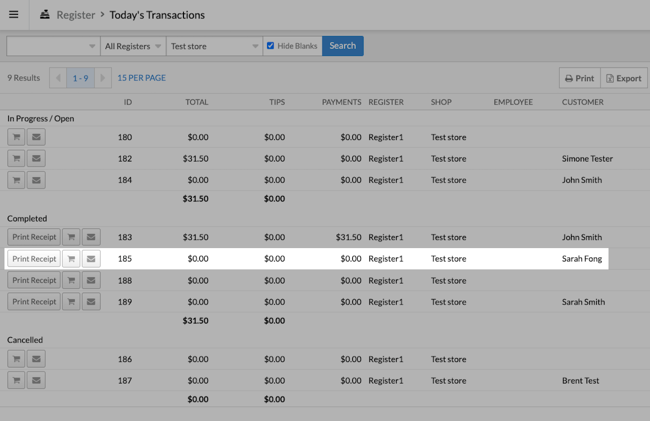 Today’s
        transactions page with a canceled special order highlighted.