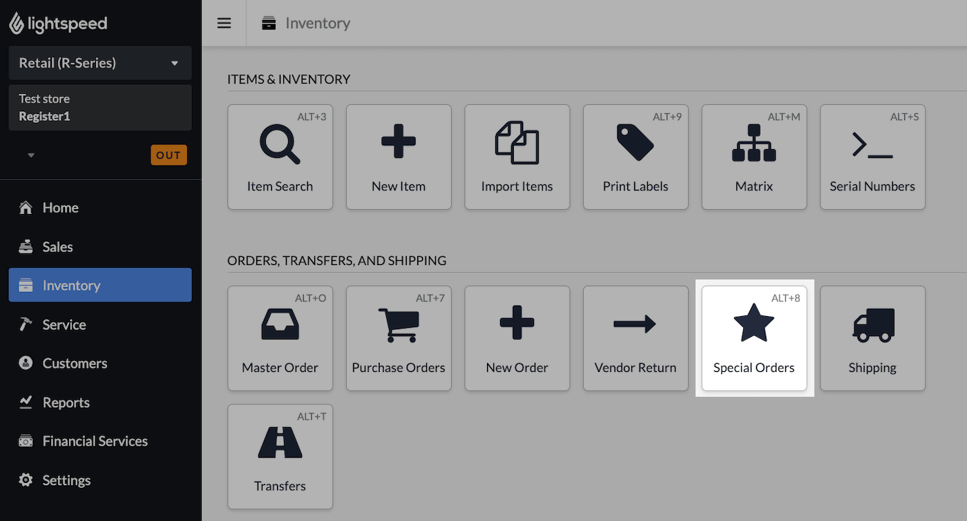 Inventory
  menu with Special Orders tile highlighted.