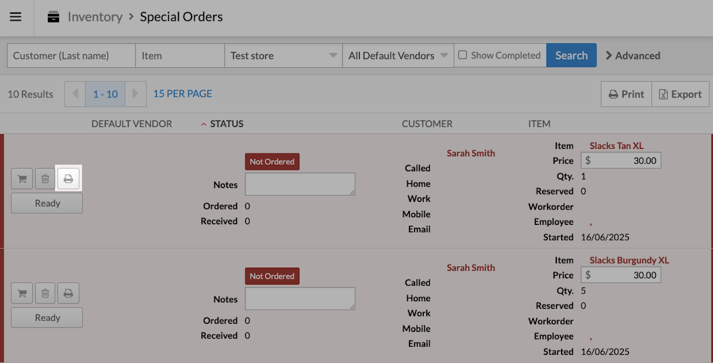 Special
  order with printer icon highlighted.
