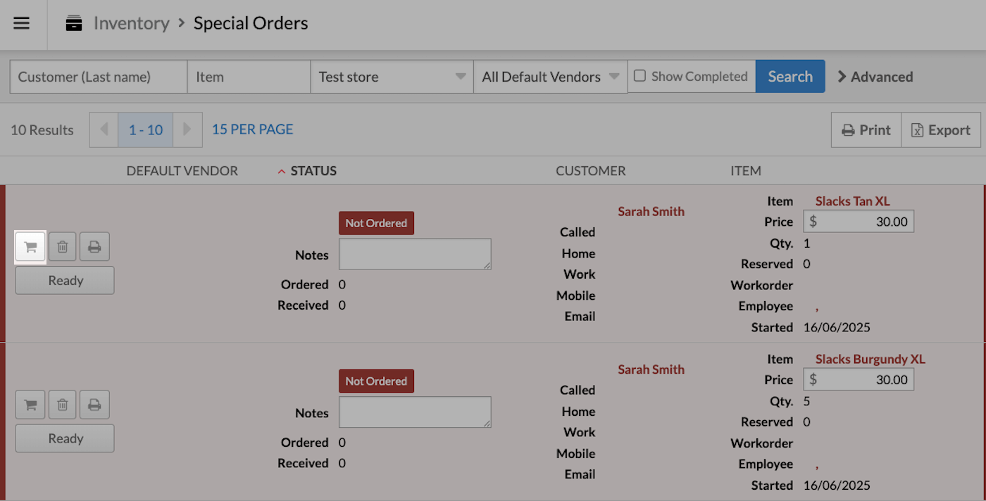 Open
    special order with the shopping cart icon highlighted.