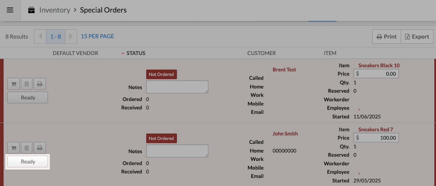 Special
  order with the Ready button highlighted.
