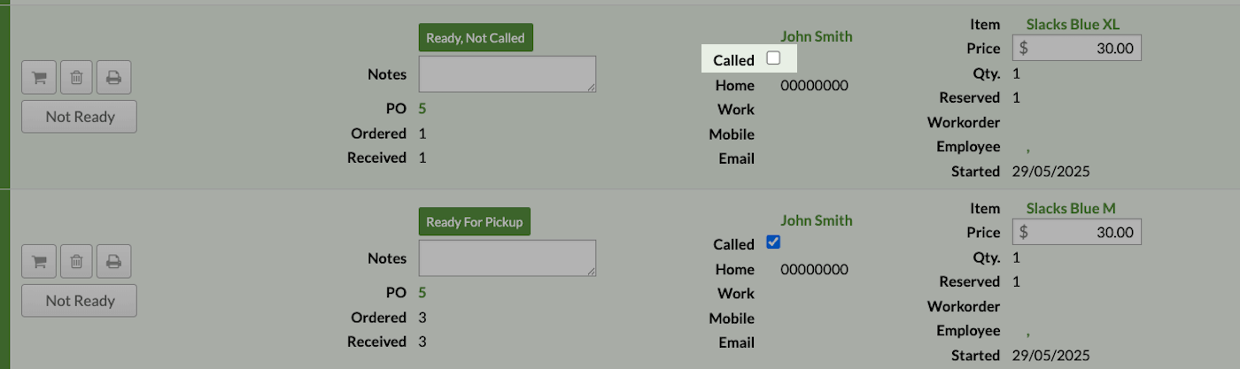Special
  order with Called checkbox highlighted.
