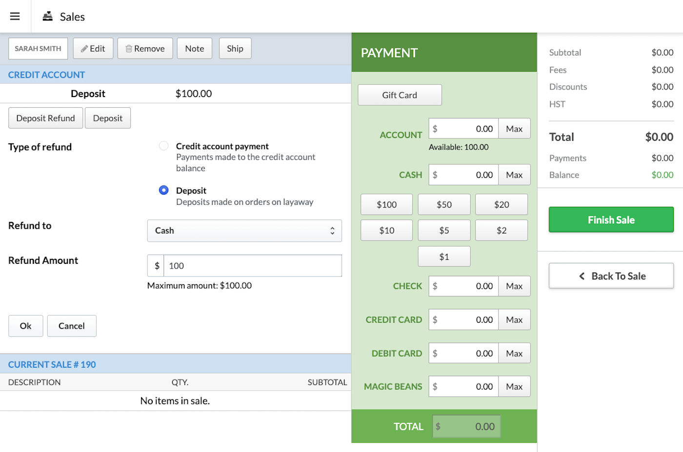 Refund
        deposit page with Refund To dropdown and Refund Amount field.