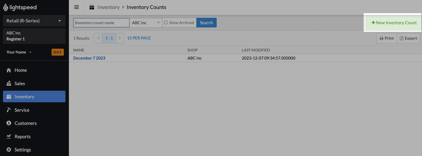 Inventory Counts page with + New Inventory Count emphasized.