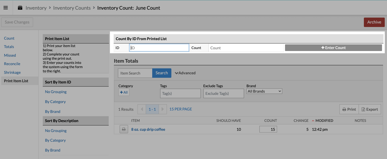 Print Item List page with Count by ID From Printed List section emphasized.