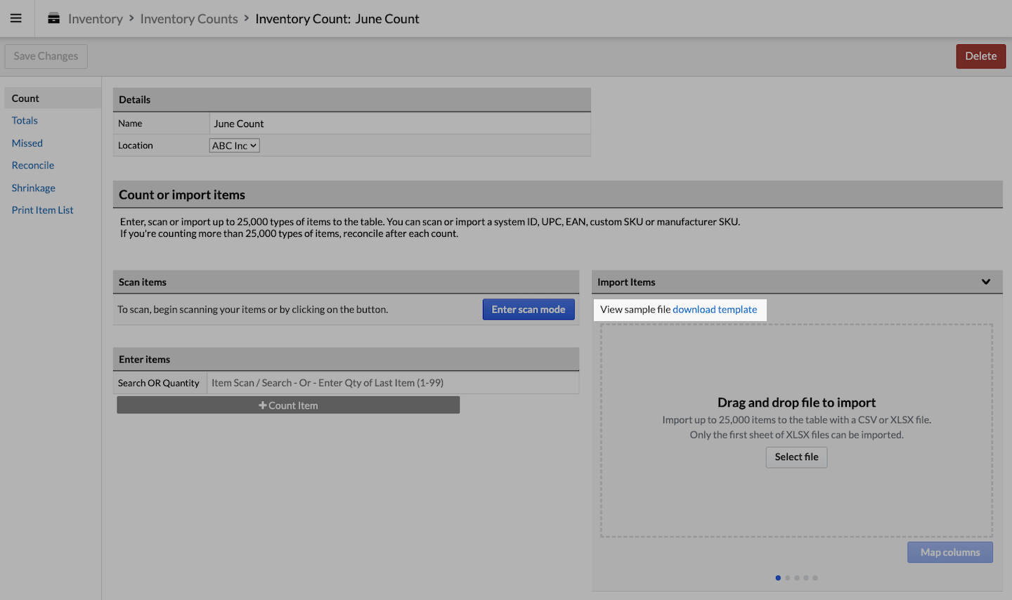 Inventory count page with View sample file download template emphasized.
