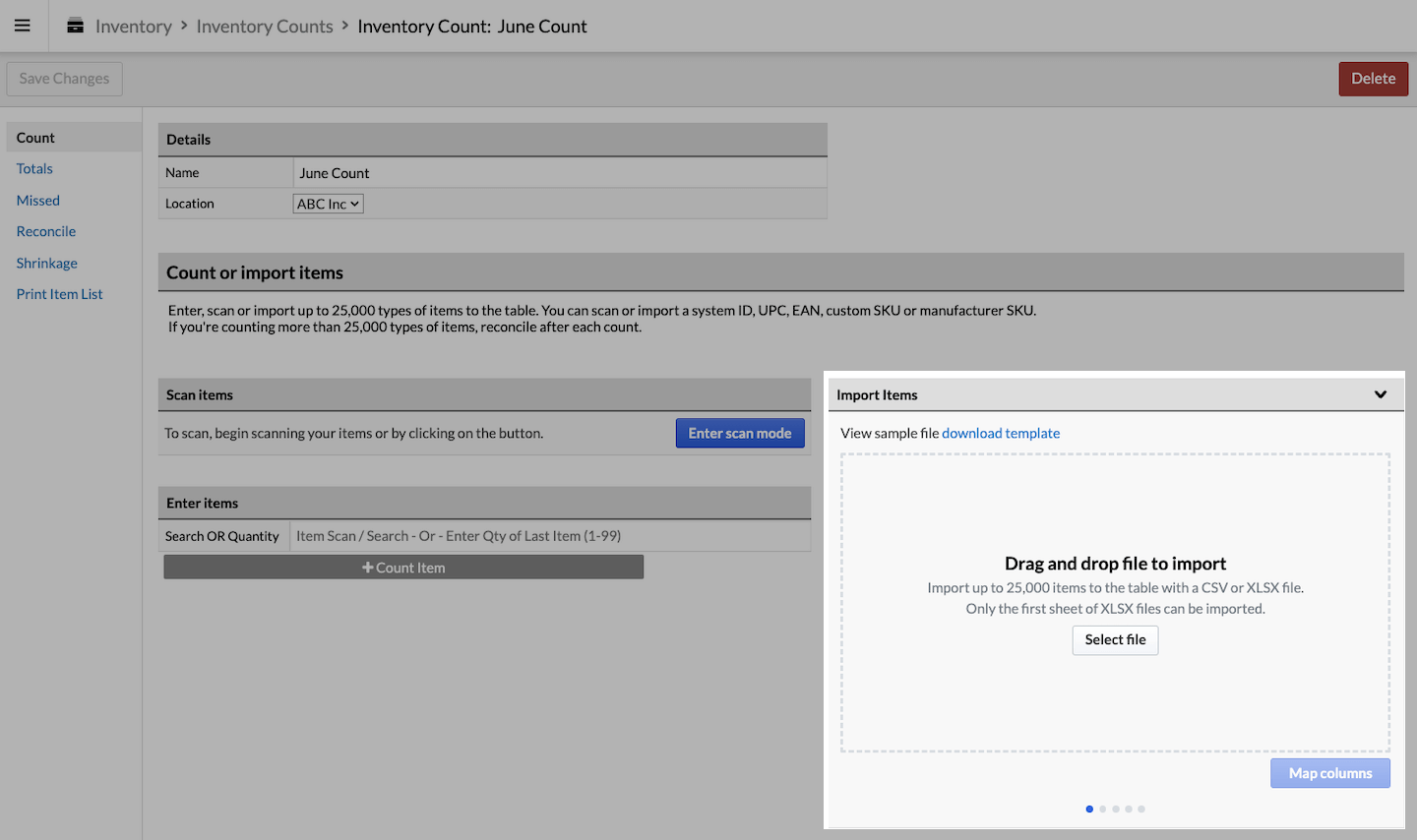 Item count page with Import Items box emphasized.