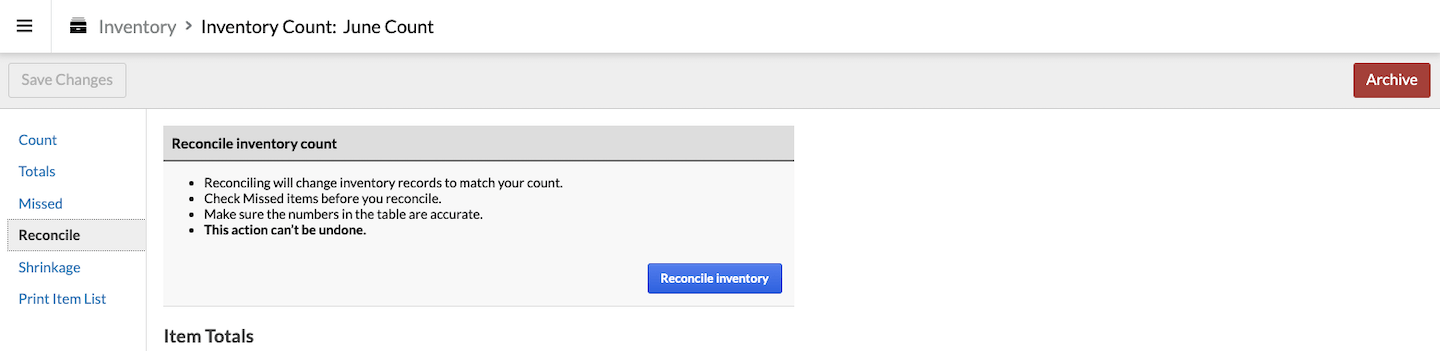 Reconcile page with Reconcile inventory button visible.