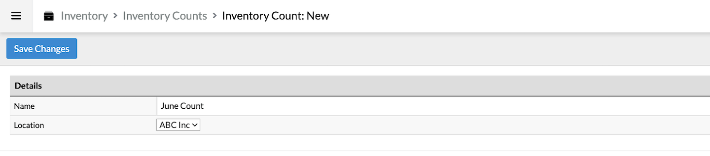 New inventory count page with Name and Location fields.