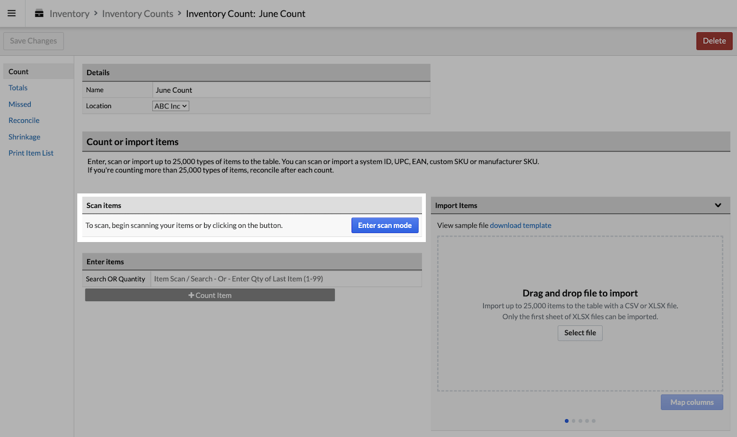 Inventory count page with Scan items section emphasized.