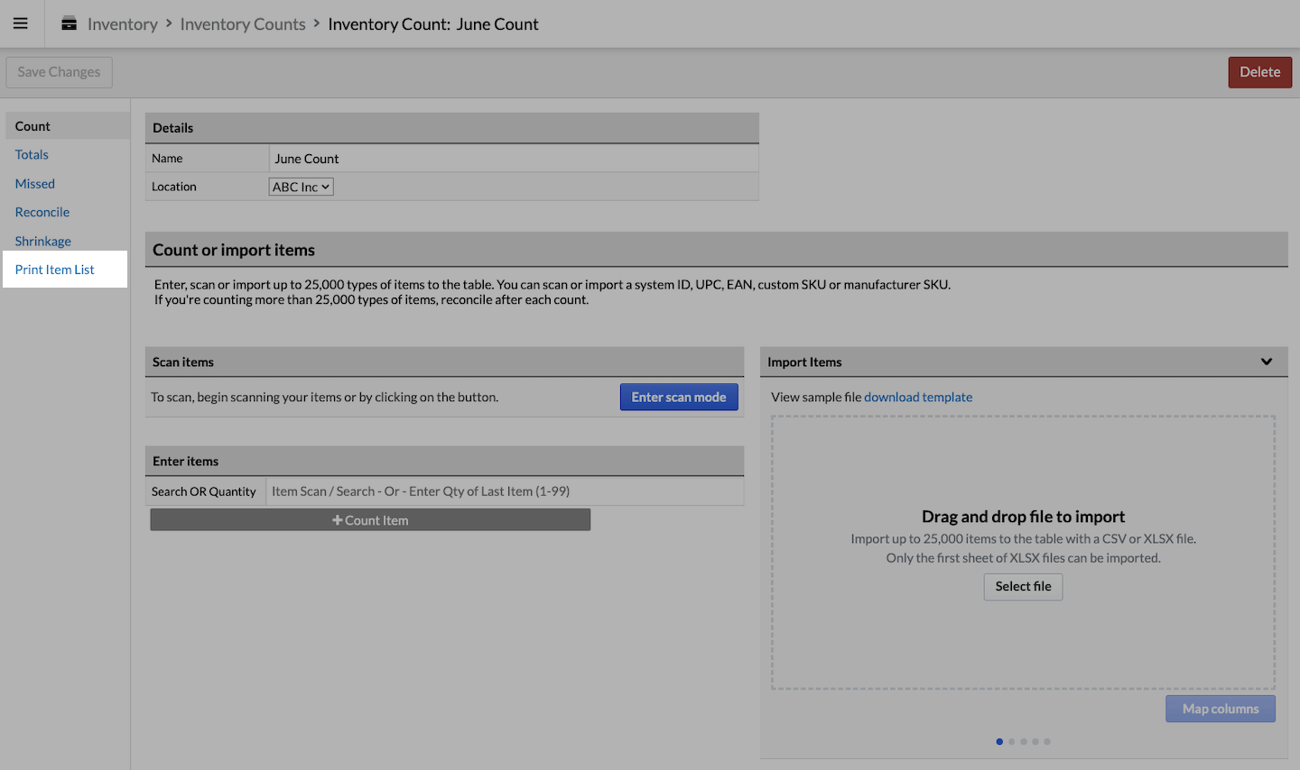 Inventory count page with Print Item List emphasized.
