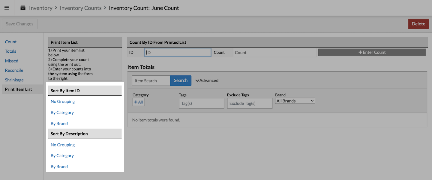 Print Item List page with Sort by options emphasized.