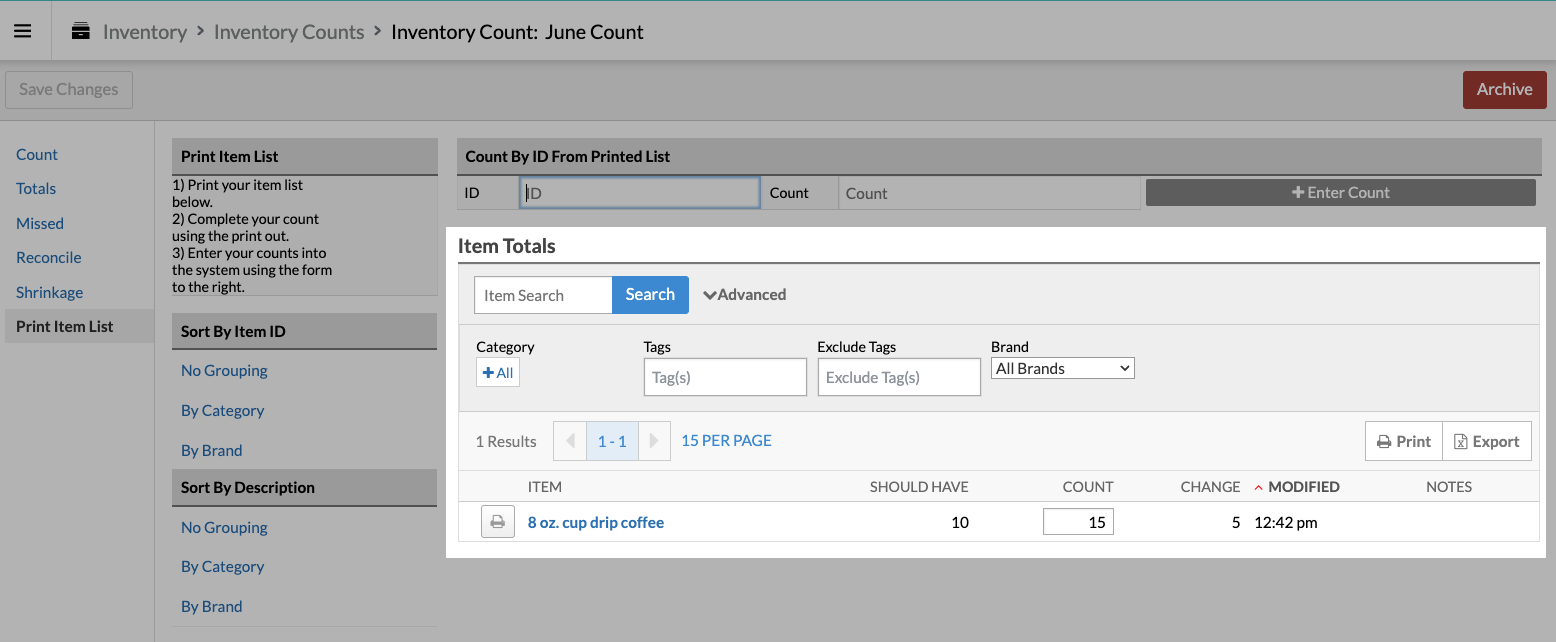 Print Item List page with Item Totals section emphasized.
