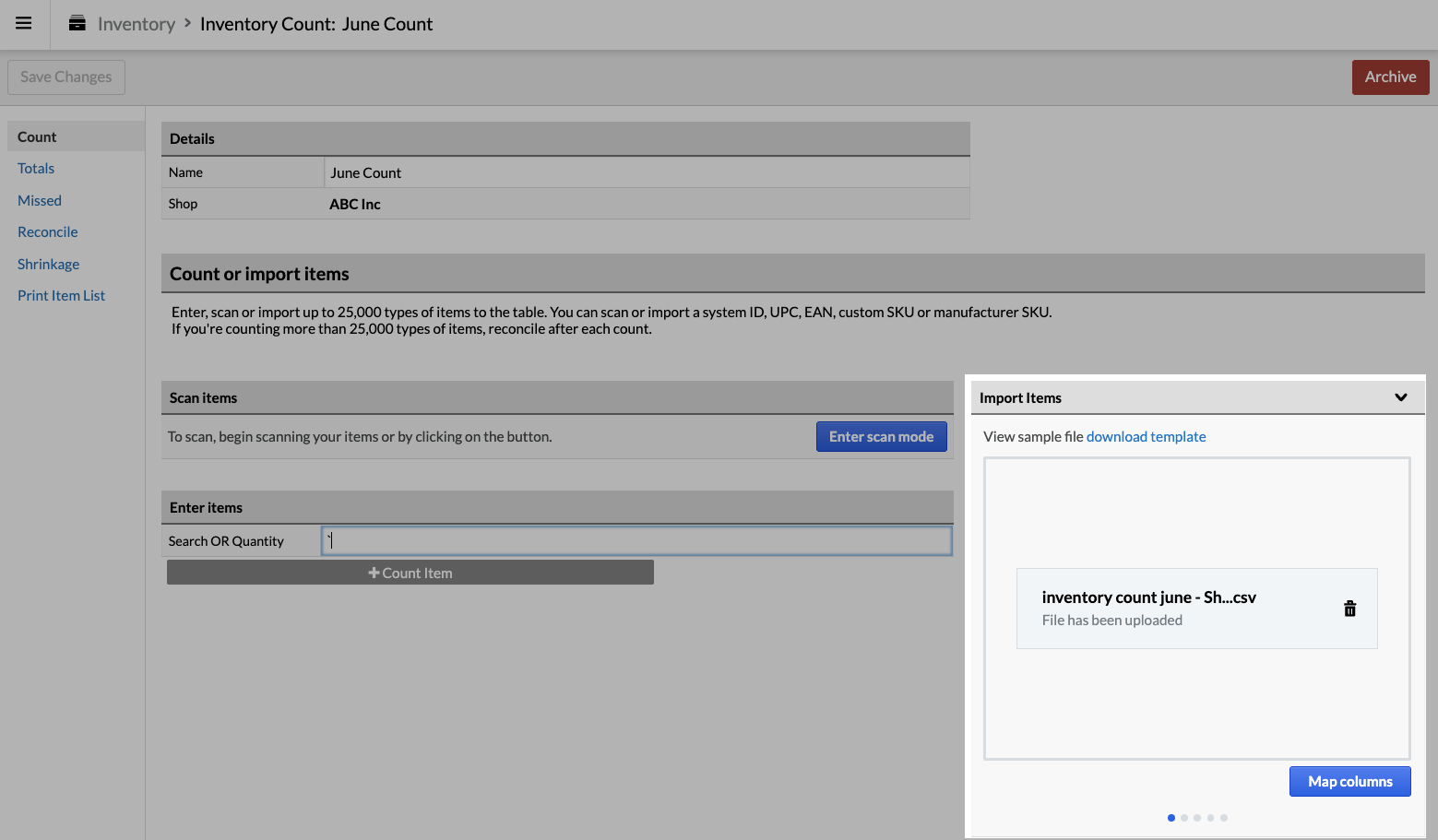 Import Items box showing uploaded file and Map columns button.