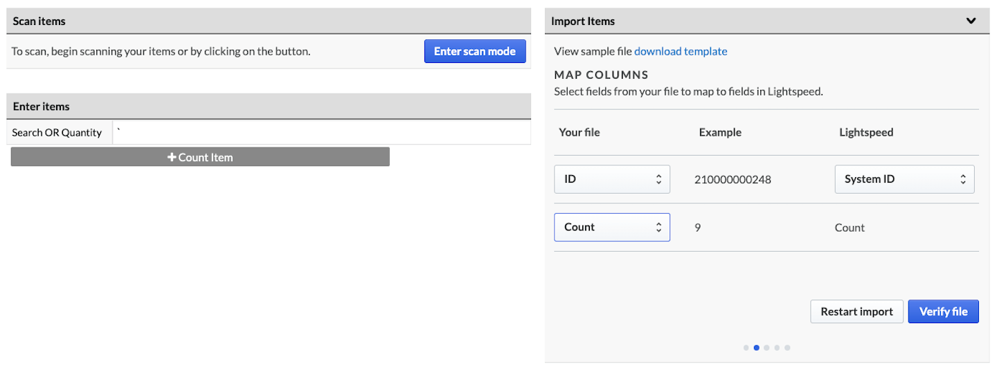 Import Items box showing dropdown options to match columns from your file to Lightspeed columns.