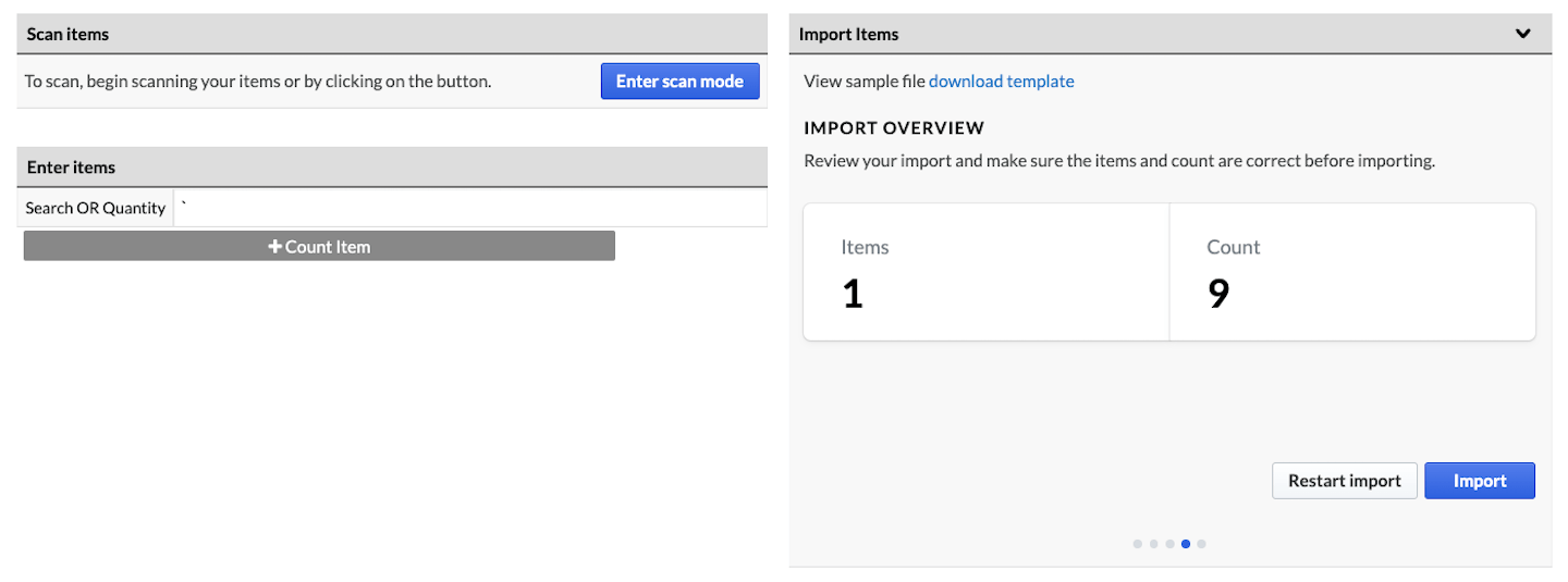 Import Items box showing Import Overview and Import button.