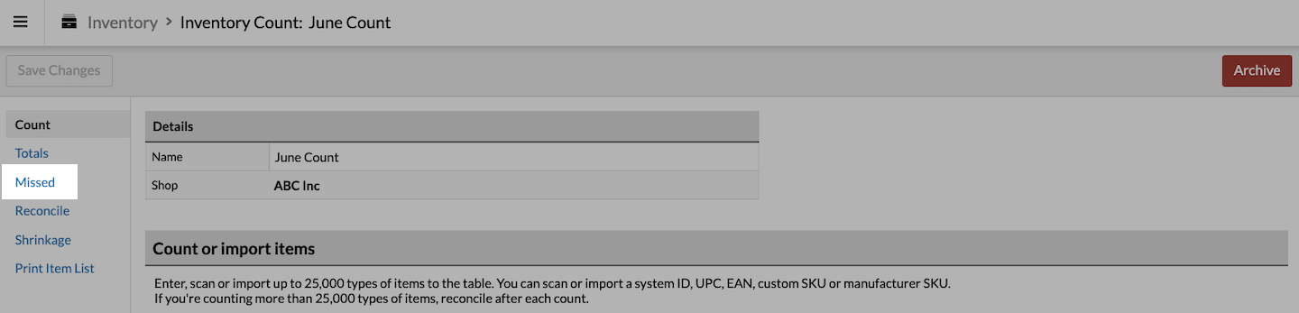 Inventory count page with Missed emphasized.