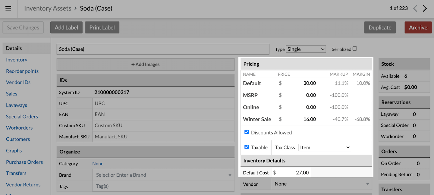Item page with Pricing and Inventory Defaults sections emphasized. There is a price of $0.00 listed under MSRP and Online.