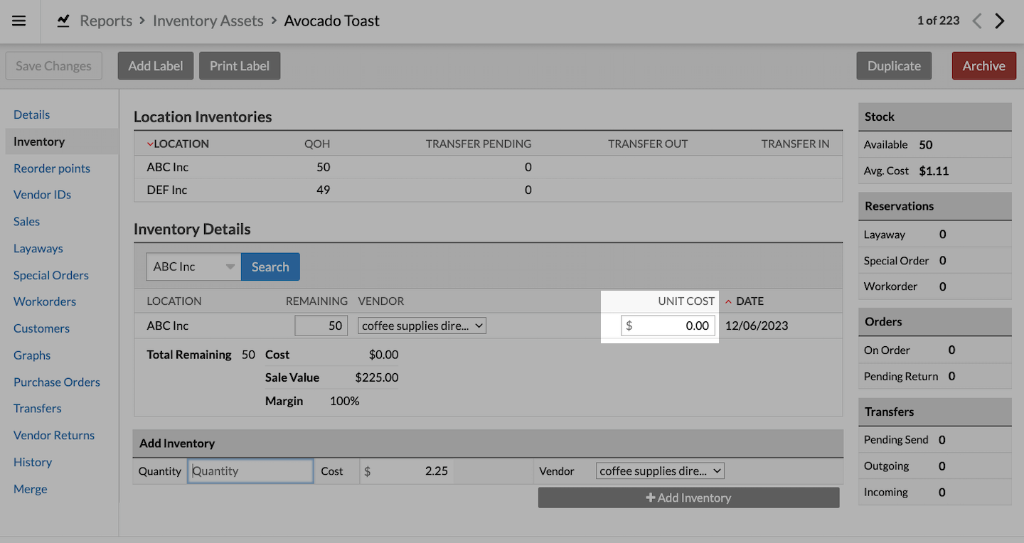 Item page with Inventory tab selected and Unit Cost box emphasized showing a Unit Cost of $0.00.