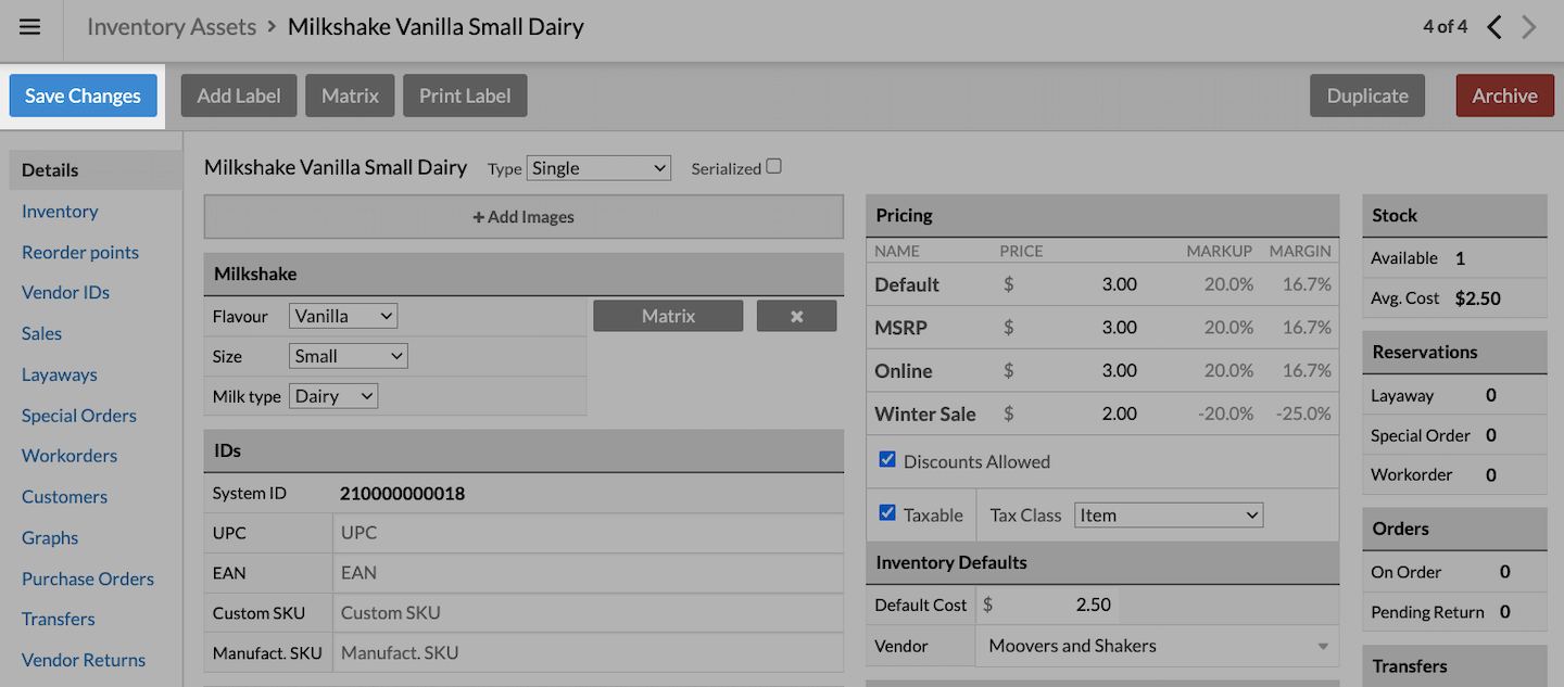 Item page with Save Changes emphasized.