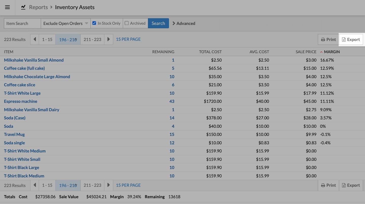 Inventory Assets page with Export button emphasized.