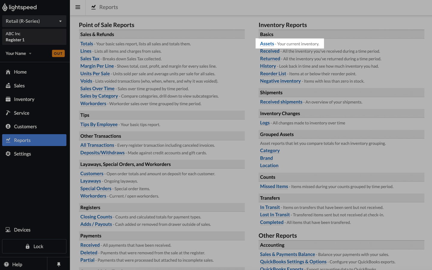 Reports page with Assets emphasized.