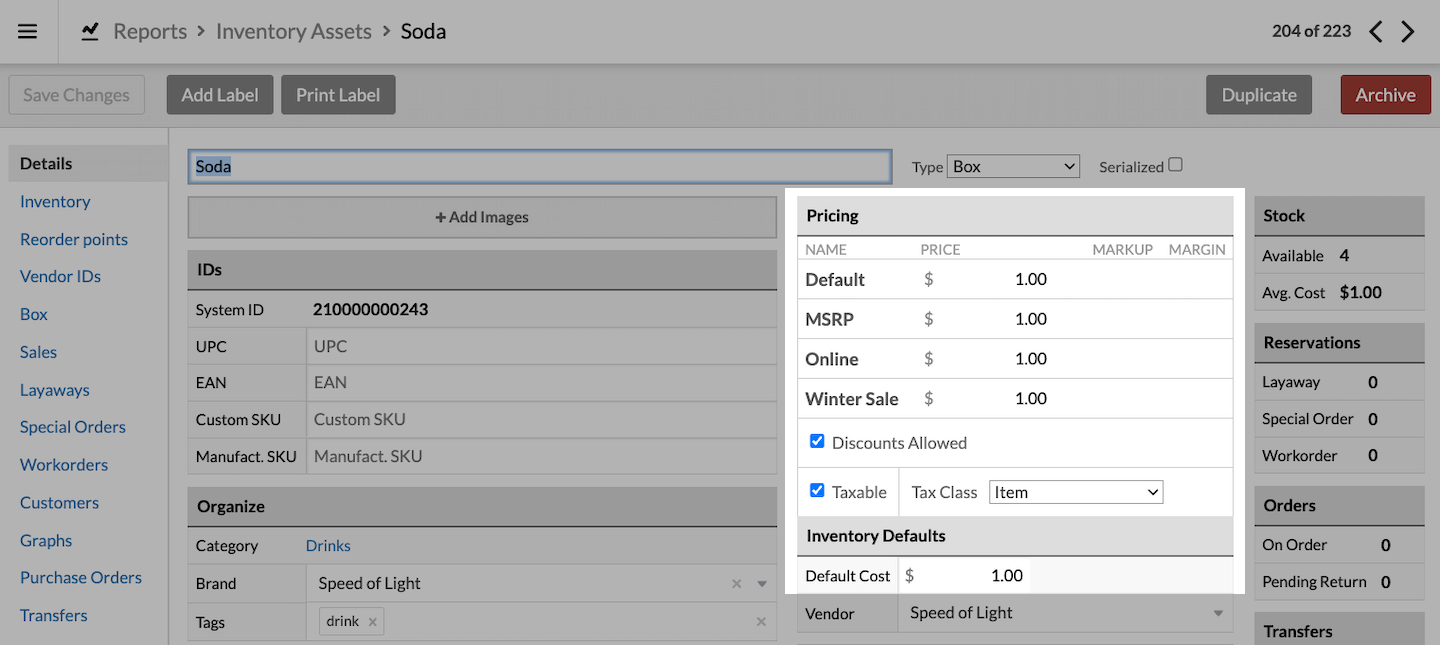 Item page showing all prices and Default Cost as the same value.