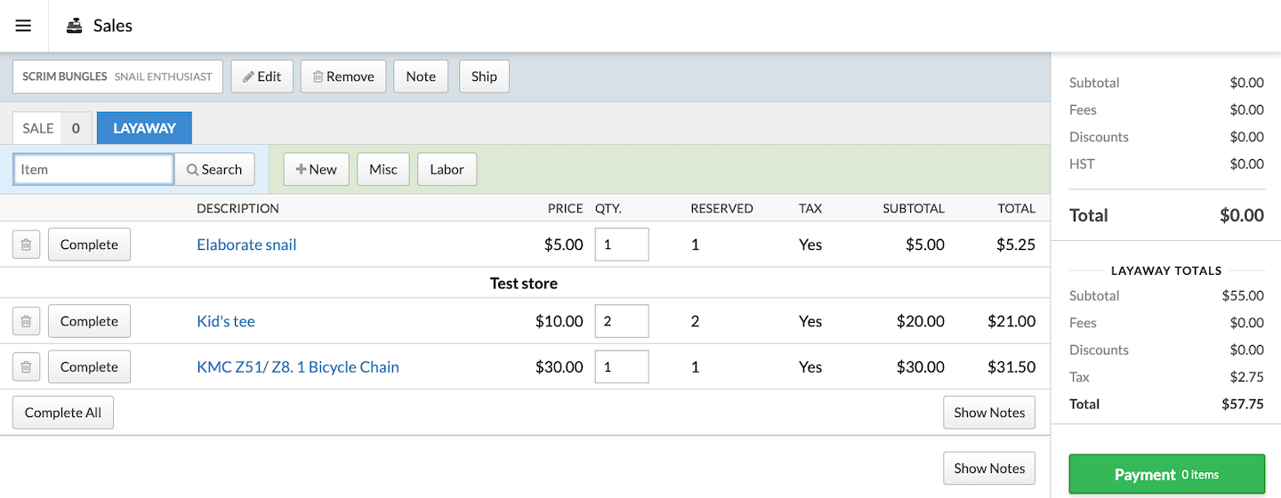 Layaway tab on Sales page showing multiple layaways across two locations.