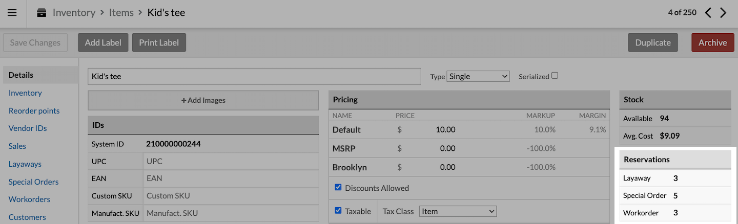 Item page with Reservations section emphasized, showing number of items reserved for layaways.