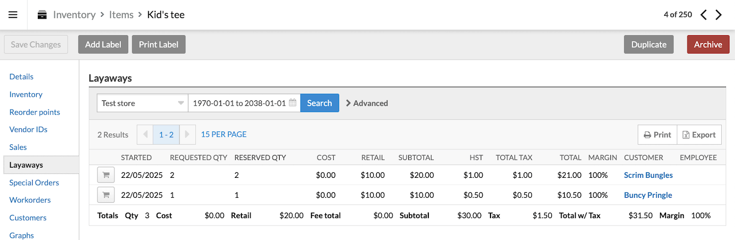 Layaway tab for an item.