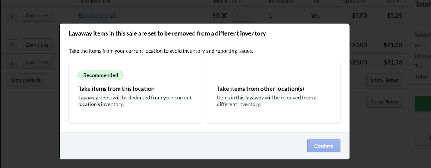Pop-up asking to take items from current store's inventory or take items from another location.
