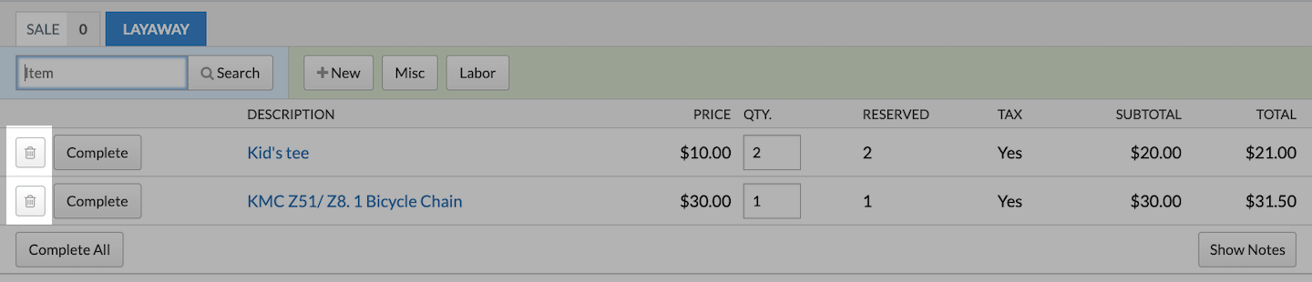 Layaway tab with trash icons emphasized. 