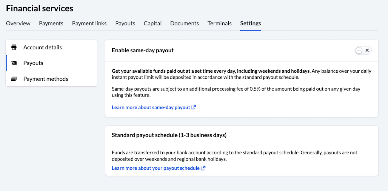 Payouts section of Financial services settings with toggle to enable same-day payouts.