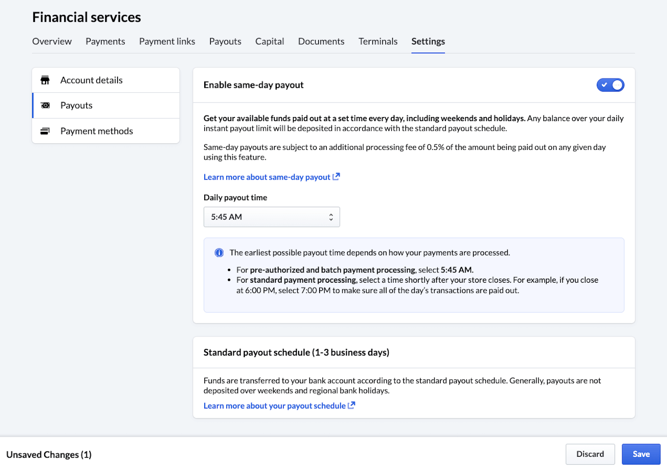 Same-day payouts enabled with dropdown to choose time for deposits.