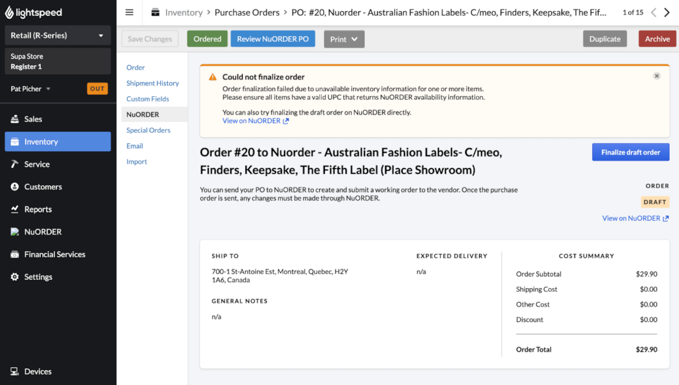 Managing orders placed as a draft