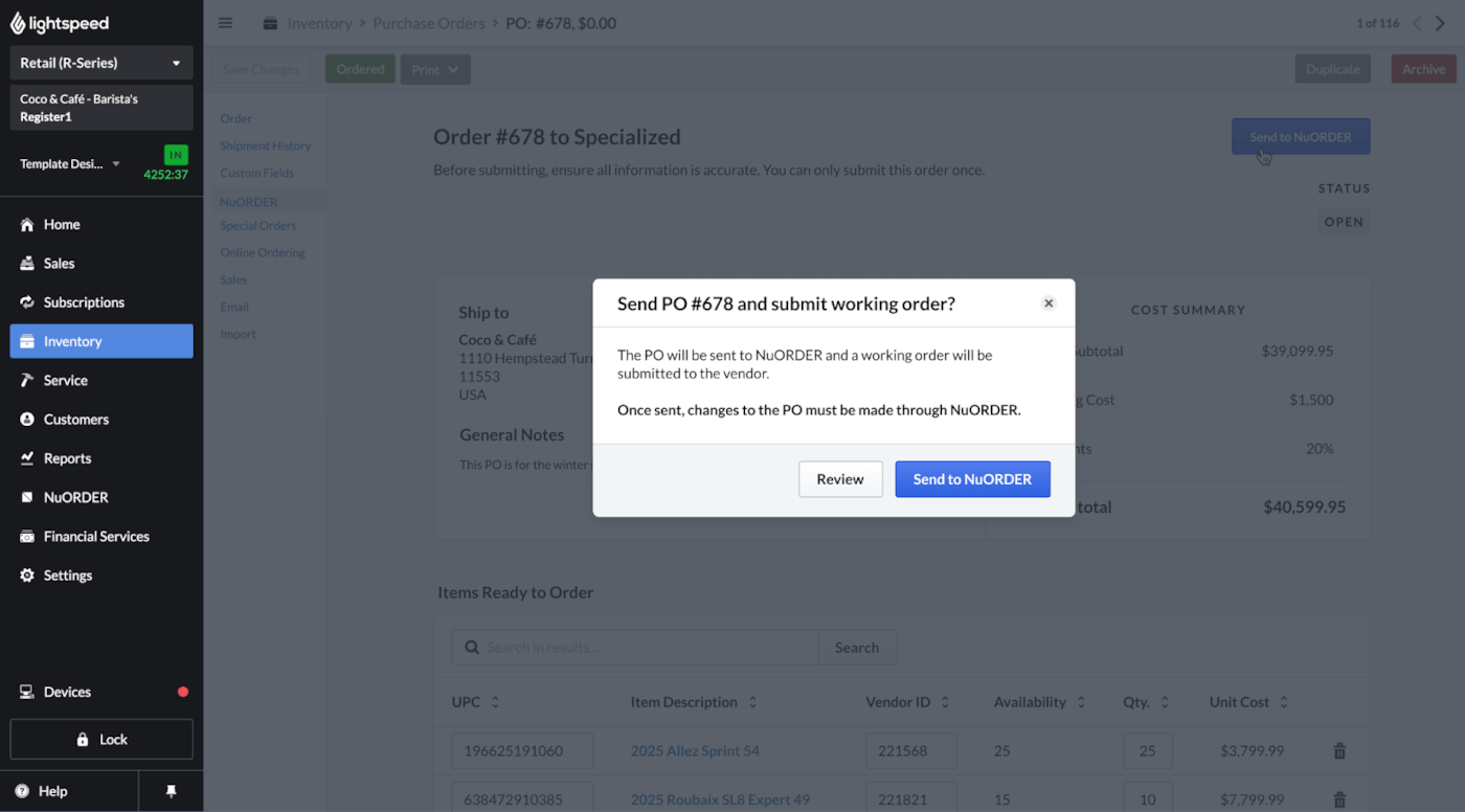 Creating and sending a purchase order to NuORDER from Retail POS