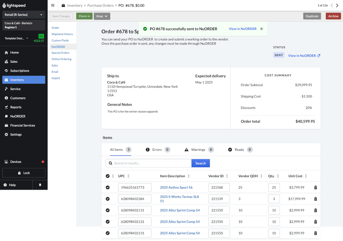 Creating and sending a purchase order to NuORDER from Retail POS