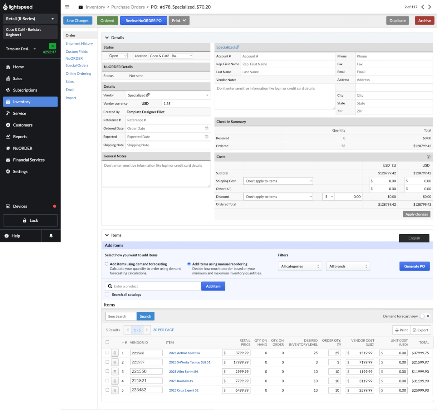 Creating and sending a purchase order to NuORDER from Retail POS